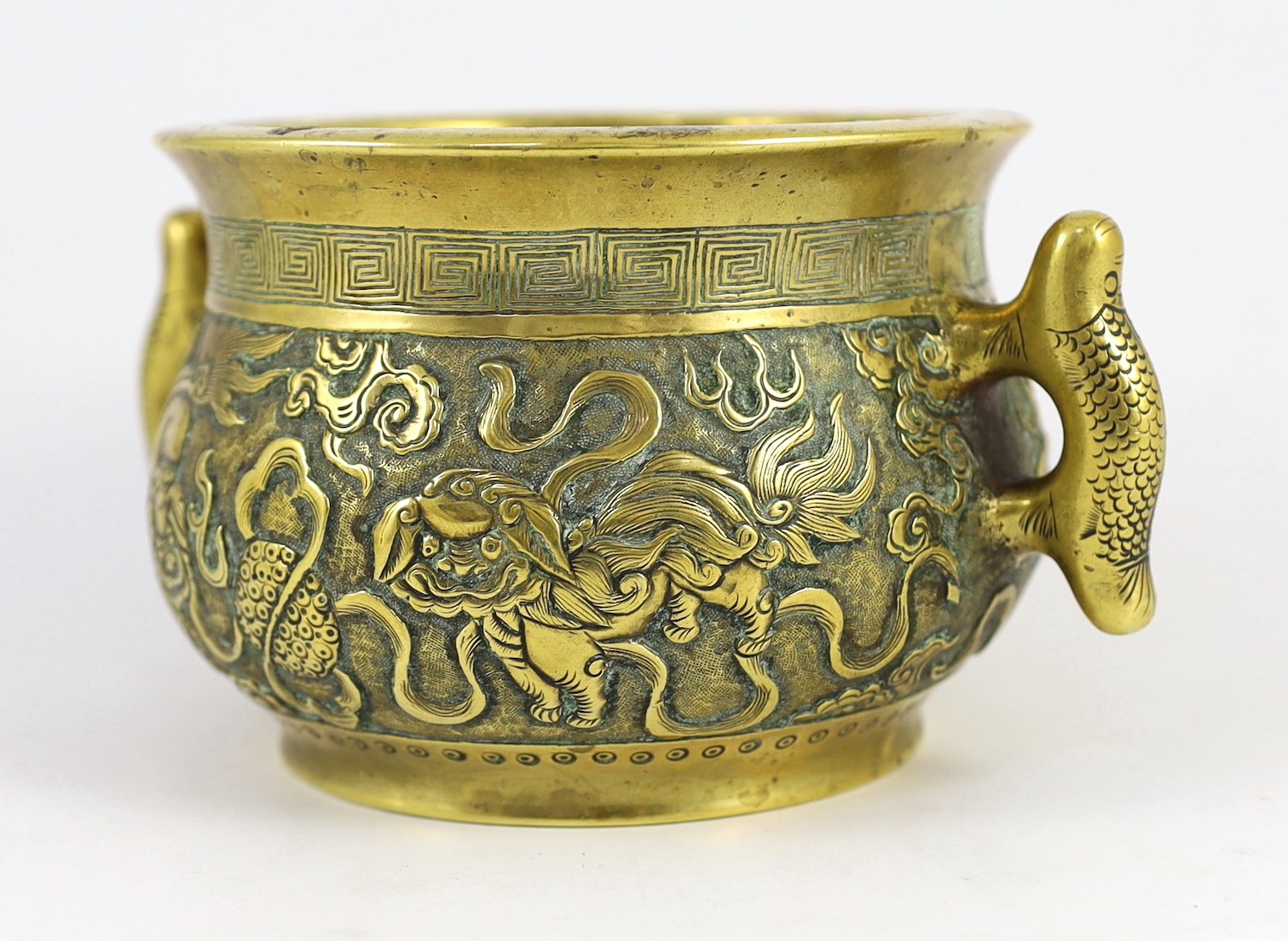 A Chinese polished bronze ‘Buddhist lion’ censer, gui, 19th century, 19.5cm wide, rim diameter 14cm